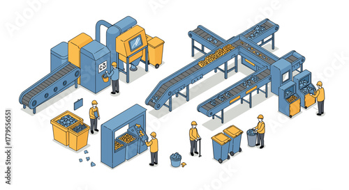 Isometric recycling factory process with workers and conveyor systems