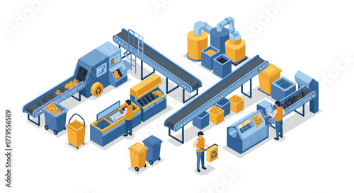 Modern isometric factory with automated production line and workers