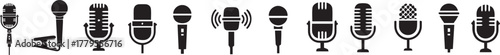 Microphone silhouette vector set isolated on a transparent background. Media, podcast, music.