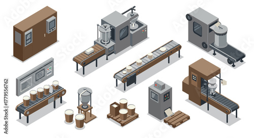 Isometric factory machinery set for industrial production and automated assembly lines