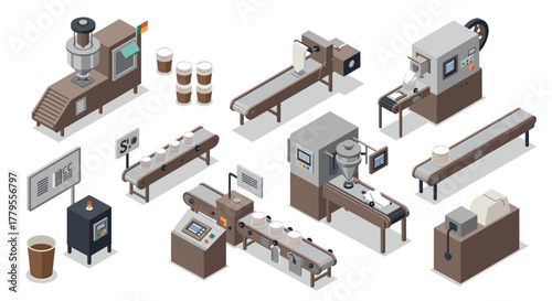 Isometric coffee production factory equipment set with conveyor machines
