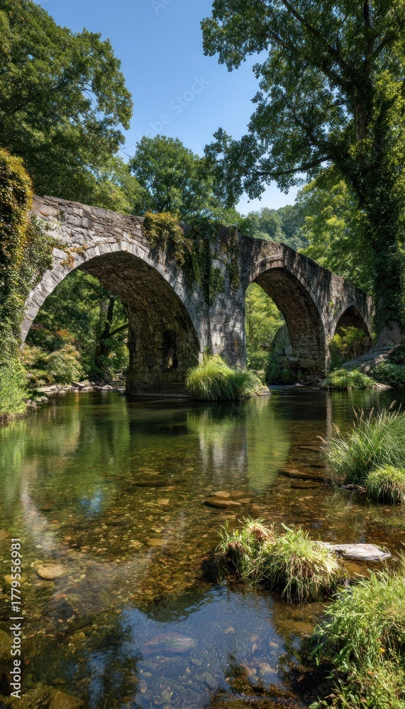 Fototapeta premium An old stone bridge arches over a clear stream, framed by lush green trees under blue sky