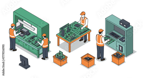 Isometric electronics assembly process featuring workers with circuit boards