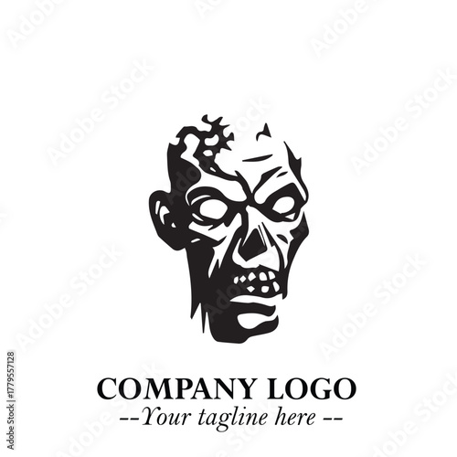 Head of Zombie Logo Symbol in Black on the White Background with Horror Minimal Vector Design