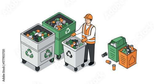 Waste management worker with recycling bins in isometric style