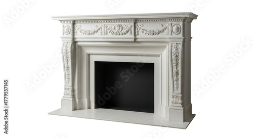Elegant white fireplace isolated on transparent background
