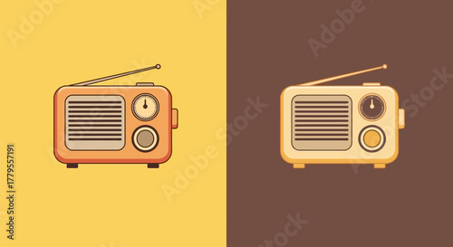 Two vintage radios on a split background.
