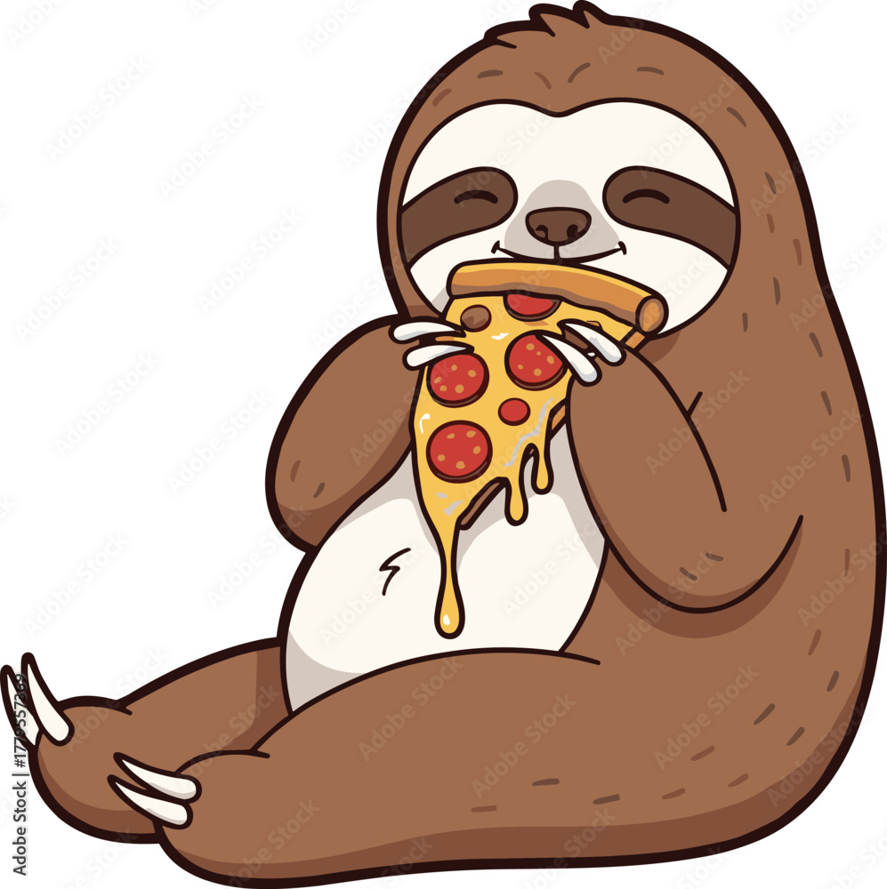 Obraz premium Adorable sloth eating pizza cartoon illustration, funny animal character vector, lazy sloth food artwork, playful design drawing, cad drawing flat vector illustration