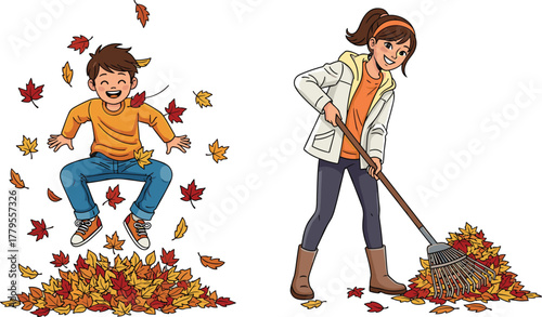 Happy kids enjoying autumn chores, boy jumping in pile of colorful fall leaves while sister rakes, seasonal backyard family fun.