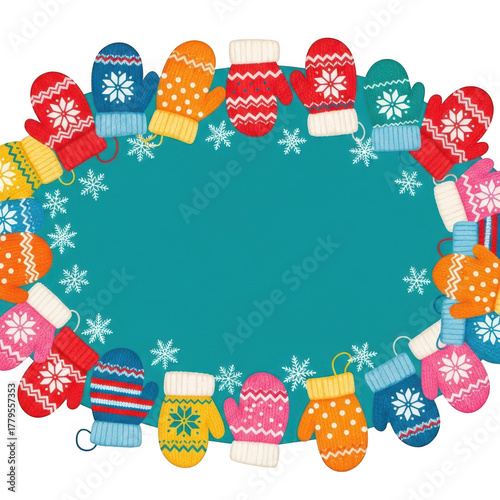Colorful mittens and snowflakes border an aqua blue central space
