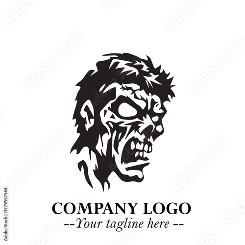 Head of Zombie Logo Symbol in Black on the White Background with Horror Minimal Vector Design