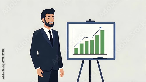 Animated Businessman Presenting Growth Chart Whiteboard