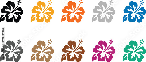 Colorful hibiscus flower icons design collection, Tropical flower silhouettes in various hues