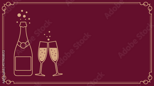 Two champagne glasses and champagne bottle  with bubbles in gold line art on burgundy background