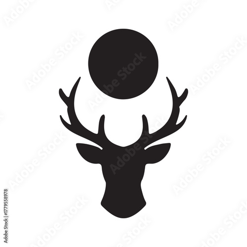 Deer head with a sun silhouette vector icon on white background
