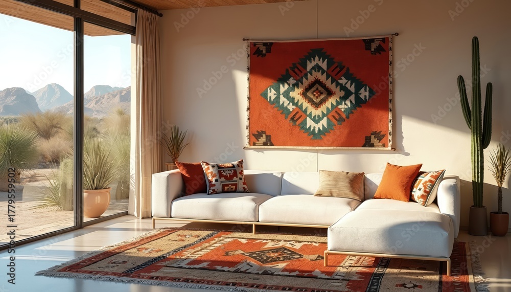 Obraz premium Southwestern living room with desert mountain view from panoramic window. Modern home interior features white sofa, patterned pillows, tribal tapestry, cactus. Stylish apartment design with ethnic