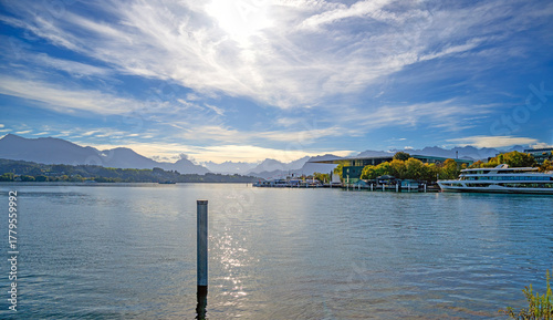 View across Lake Lucerne from the port of Lucerne at the early morning, Switzerland