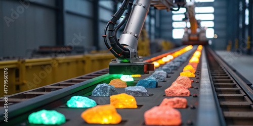 Fototapeta Naklejka Na Ścianę i Meble -  Industrial automation with robotic arm sorting glowing ore on conveyor belt. This manufacturing process saves space and represents future economy and industrial growth