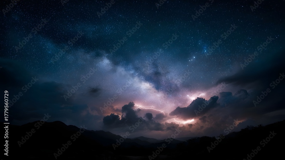 Naklejka premium Dramatic lightning illuminates the Milky Way above a silhouetted mountain range at night