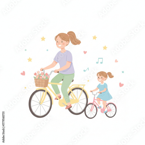 A cheerful illustration of a mother and daughter riding bicycles together, surrounded by hearts, stars, and music notes