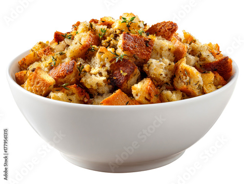 Bowl of seasoned bread stuffing with herbs, isolated on transparent cutout background