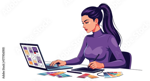 Flat vector graphic designer working on laptop with color swatches and pen tablet on desk. Clean creative workstation