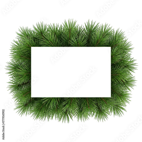 Green pine needle wreath surrounding a white rectangular blank space