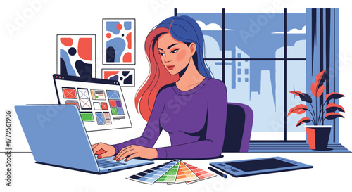 Flat vector graphic designer working on laptop with color swatches and pen tablet on desk. Clean creative workstation