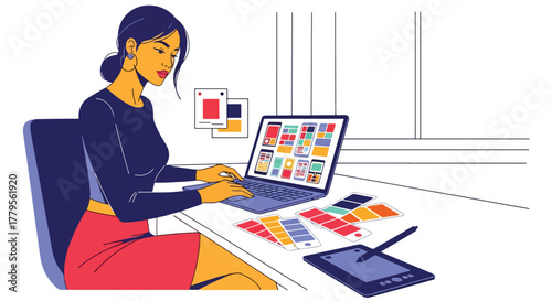 Flat vector graphic designer working on laptop with color swatches and pen tablet on desk. Clean creative workstation