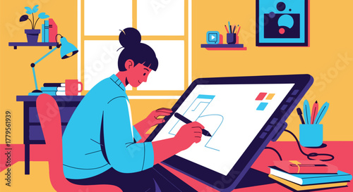 Flat vector illustrator using digital drawing tablet with floating graphic layers around. Creative digital art workflow