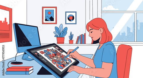 Flat vector illustrator using digital drawing tablet with floating graphic layers around. Creative digital art workflow