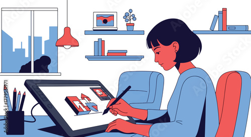 Flat vector illustrator using digital drawing tablet with floating graphic layers around. Creative digital art workflow