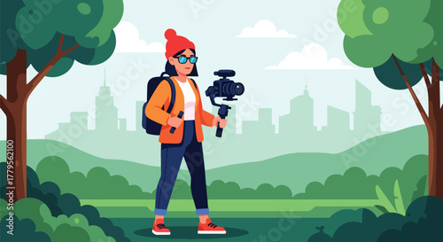 Flat vector videographer filming with gimbal camera in outdoor park scene. Clean cinematic workspace, solid colors