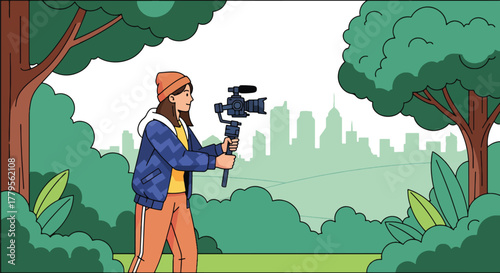 Flat vector videographer filming with gimbal camera in outdoor park scene. Clean cinematic workspace, solid colors