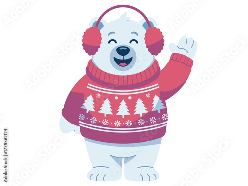 A cheerful polar bear wearing a cozy sweater and earmuffs waves hello.