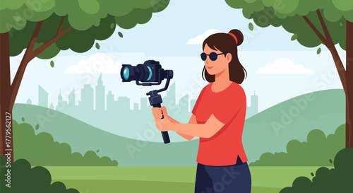 Flat vector videographer filming with gimbal camera in outdoor park scene. Clean cinematic workspace, solid colors