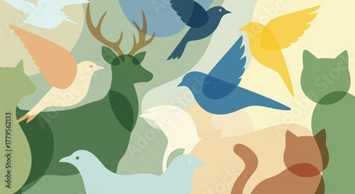 Abstract Wildlife Composition with Overlapping Translucent Animal Silhouettes