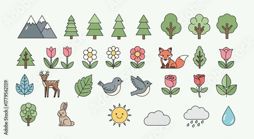 Spring and Nature Icons Set: Cute Flat Outline Vector Collection