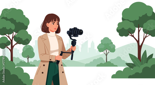 Flat vector videographer filming with gimbal camera in outdoor park scene. Clean cinematic workspace, solid colors