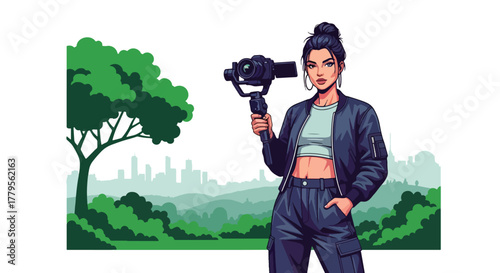 Flat vector videographer filming with gimbal camera in outdoor park scene. Clean cinematic workspace, solid colors