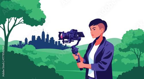 Flat vector videographer filming with gimbal camera in outdoor park scene. Clean cinematic workspace, solid colors