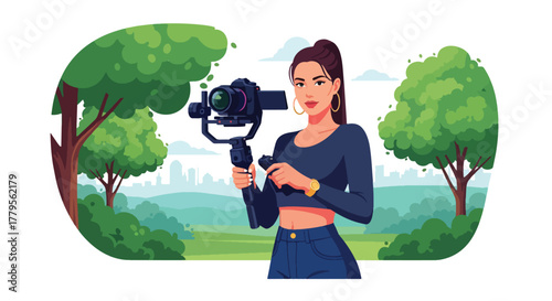 Flat vector videographer filming with gimbal camera in outdoor park scene. Clean cinematic workspace, solid colors