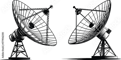 Satellite Dish Antenna Vector, Communication Radar Signal Receiver Illustration in Black.