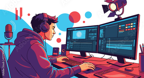 A skilled vector illustration showcasing a man film editor editing video content in a professional studio, ideal for creative themes	