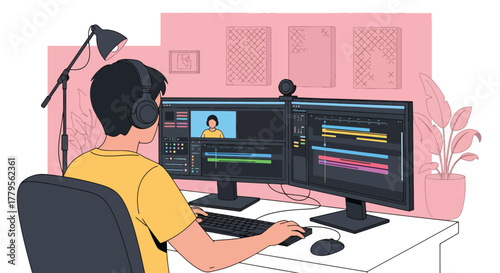 A skilled vector illustration showcasing a man film editor editing video content in a professional studio, ideal for creative themes	