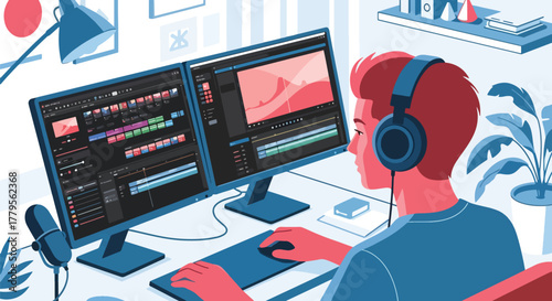 A skilled vector illustration showcasing a man film editor editing video content in a professional studio, ideal for creative themes	