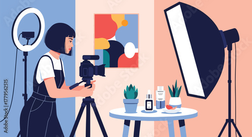 Flat vector content creator filming product with camera in creative photography studio