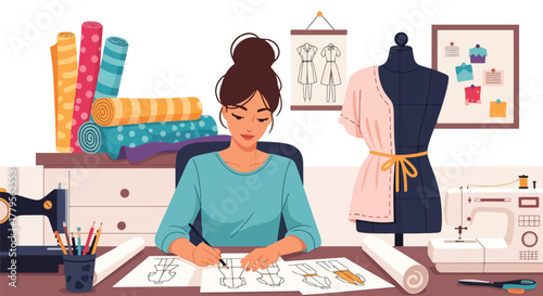 Flat vector fashion designer sketching clothing with mannequin and fabric rolls nearby. Creative studio workspace