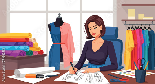 Flat vector fashion designer sketching clothing with mannequin and fabric rolls nearby. Creative studio workspace