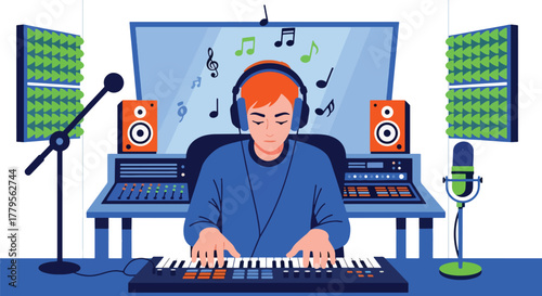 Flat vector music producer creating track using MIDI keyboard and headphones. Clean studio composition